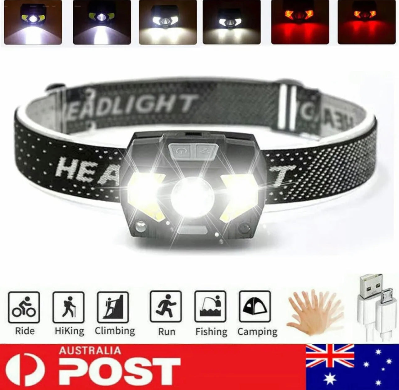 Head Torch LED Headlight COB Camping Headlamp USB Rechargeable Flashlight Lamp