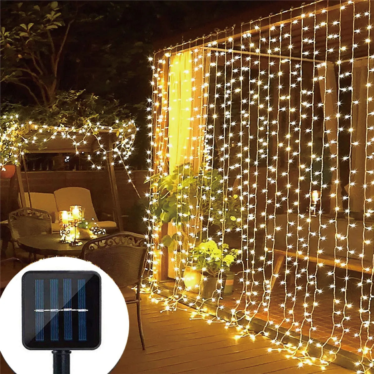 3x3m 300 LED Solar Power Curtain Lights Fairy String Outdoor Xmas Party Garden