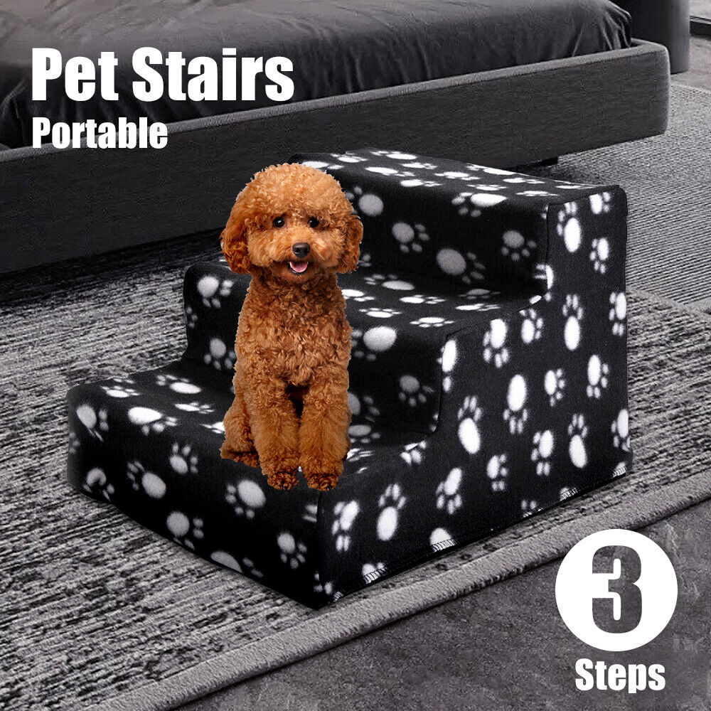 3 Steps Portable Pet Stairs Cat Dog Ladder w/ Cover Step Ramp Climb For Pup Play