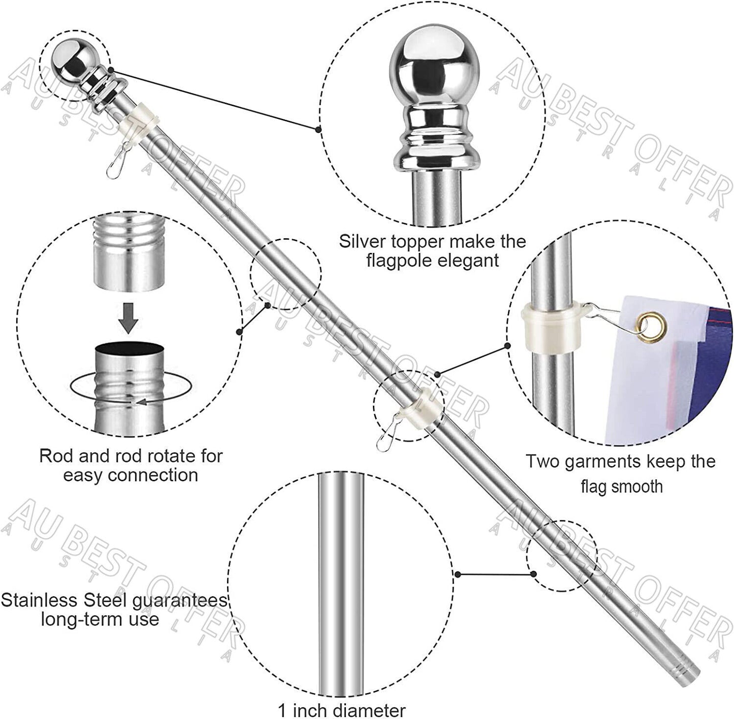 1.55M Aluminum Telescoping Australian Flag Pole Flagpole Kit Holder Set AU