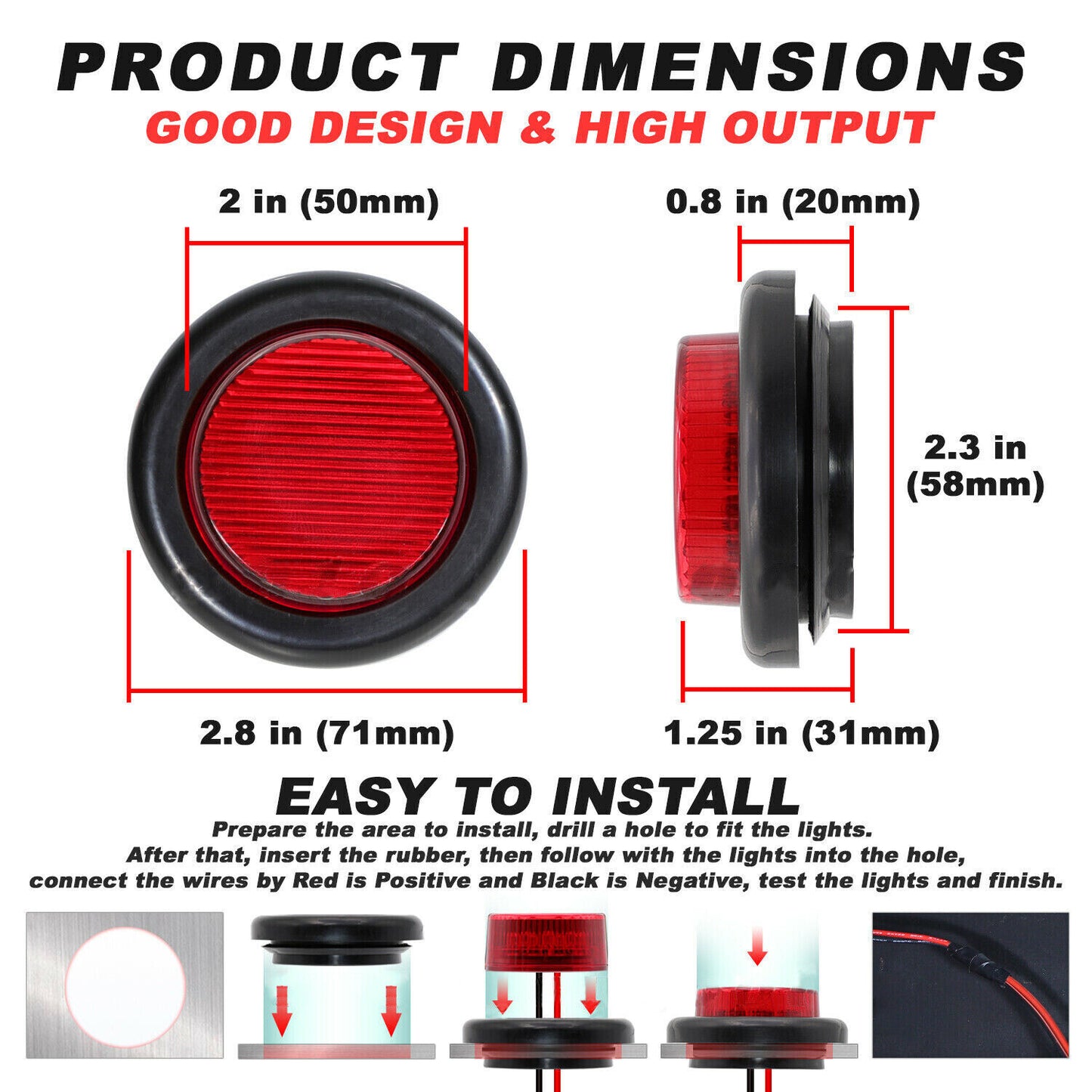 5x 2" Inch Red LED Round Side Marker LED Clearance Tail Light Truck Trailer 12V