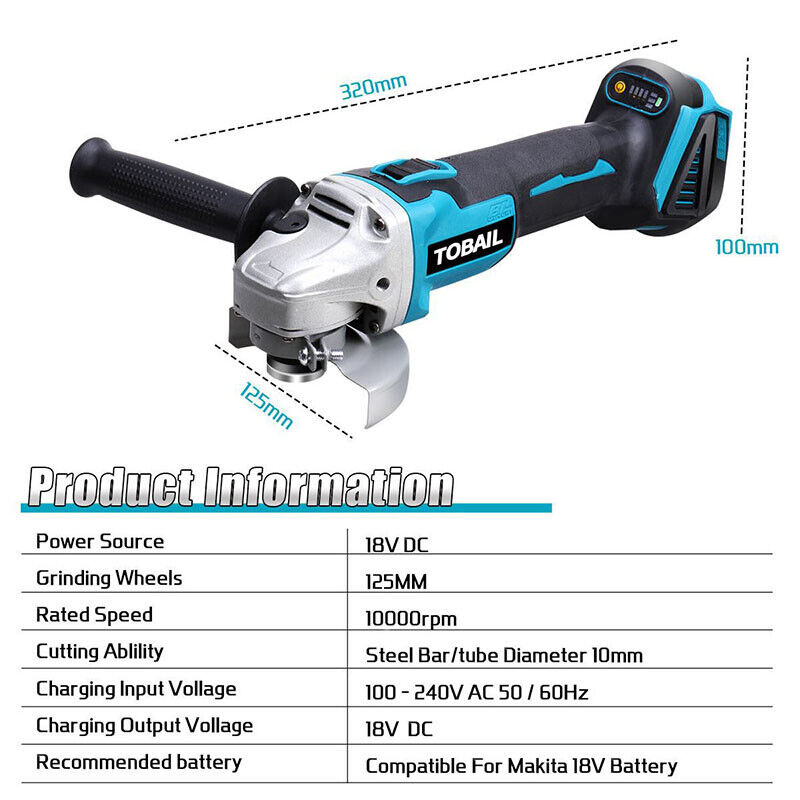 Cordless Brushless 125mm Angle Grinder Body Tool For Makita 18V Battery DGA504Z