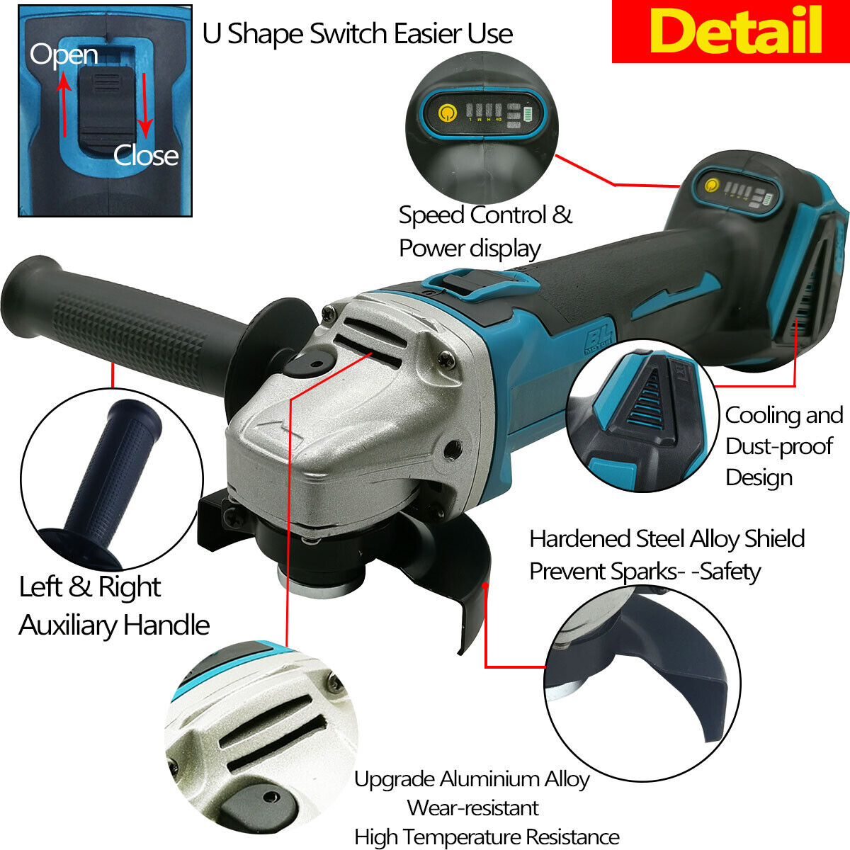 Cordless Brushless 125mm Angle Grinder Body Tool For Makita 18V Battery DGA504Z