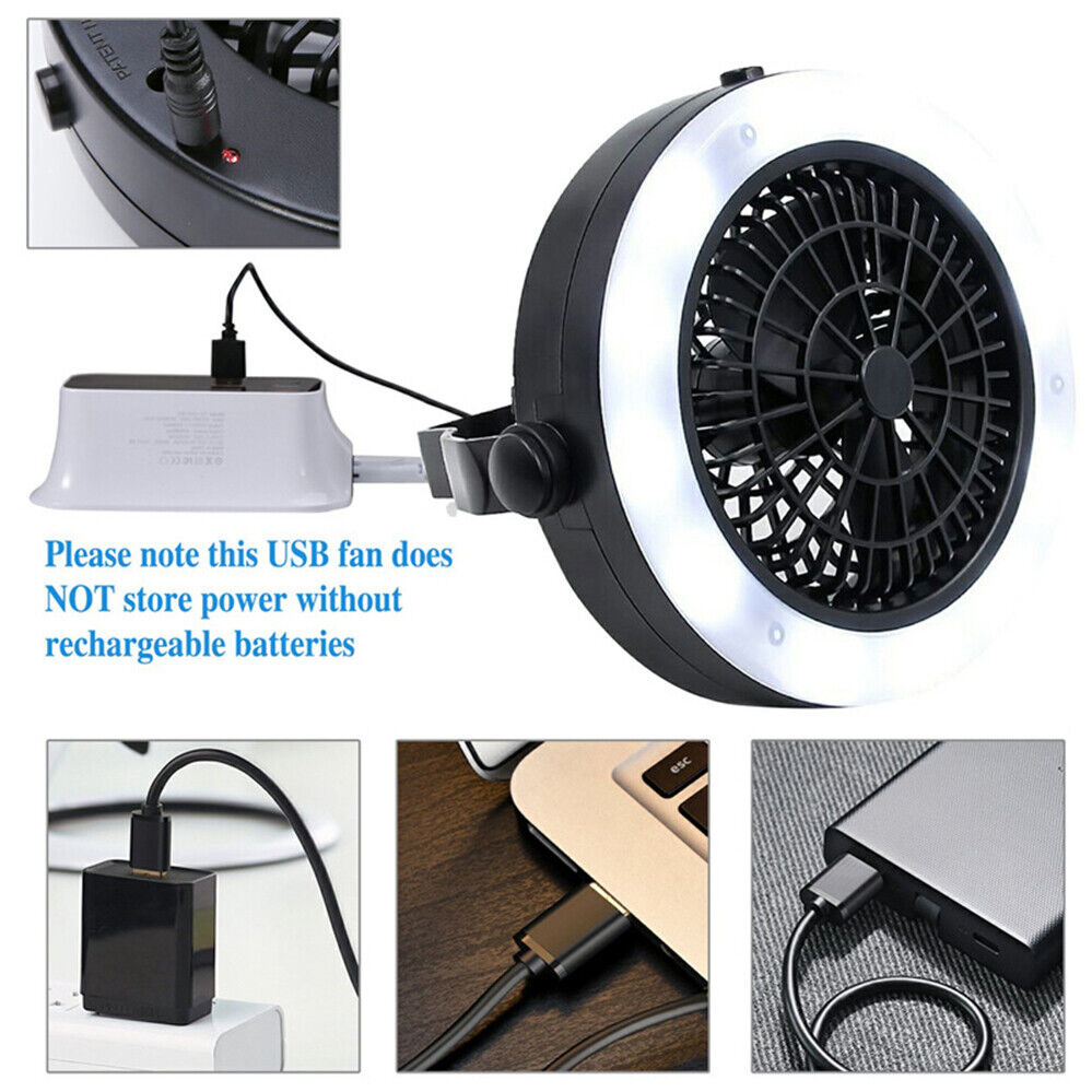 With Hook Portable LED Fan For Outdoor Tent Lamp Camping USB Rechargeable 2 in 1