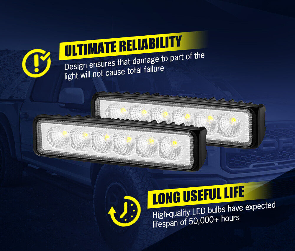 Pair 6Inch Led Work Light Bar Flood Reverse Fog Lights 4WD