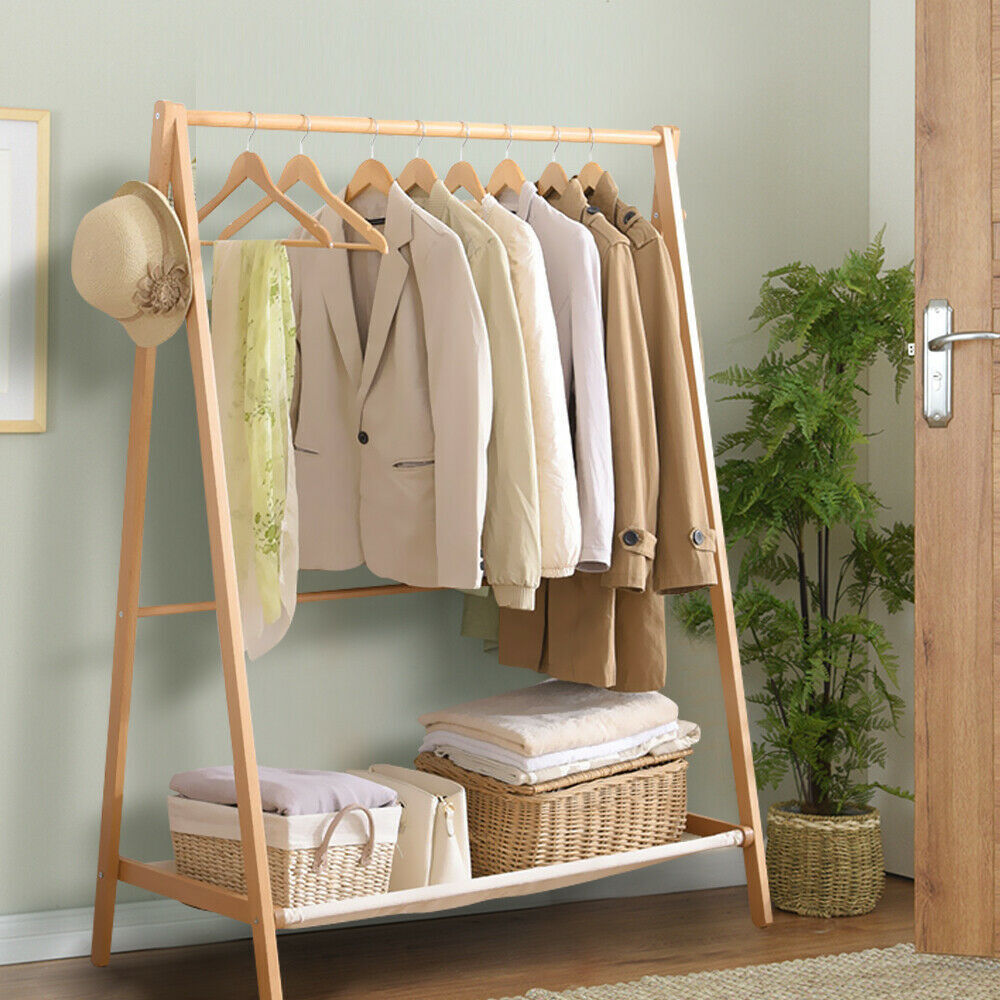 Levede Clothes Rack Wooden Wardrobe Garment Coat Hanging Rail Shoe Storage 120cm