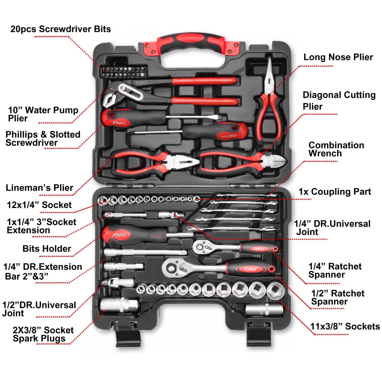 TOPEX 65PCs Hand Tool Set Portable Mechanics Automotive Repair Workshop Tool Kit