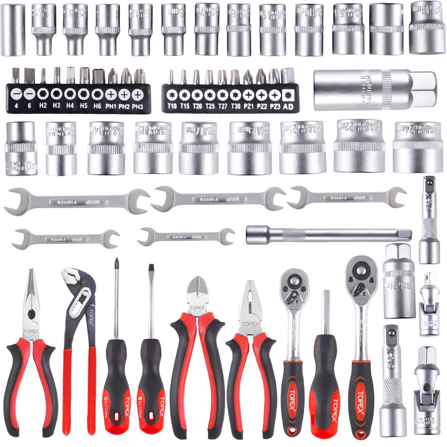 TOPEX 65PCs Hand Tool Set Portable Mechanics Automotive Repair Workshop Tool Kit