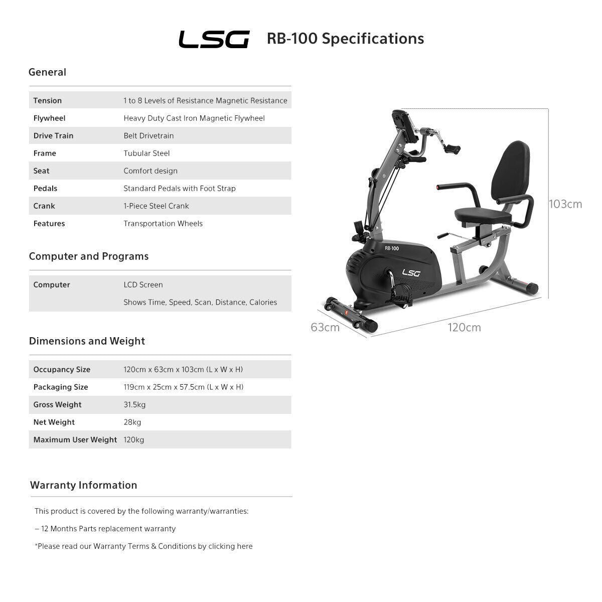 NEW LSG Fitness RB-100 Recumbent Bike Exercise Bike 8 Levels Magnetic Resistance