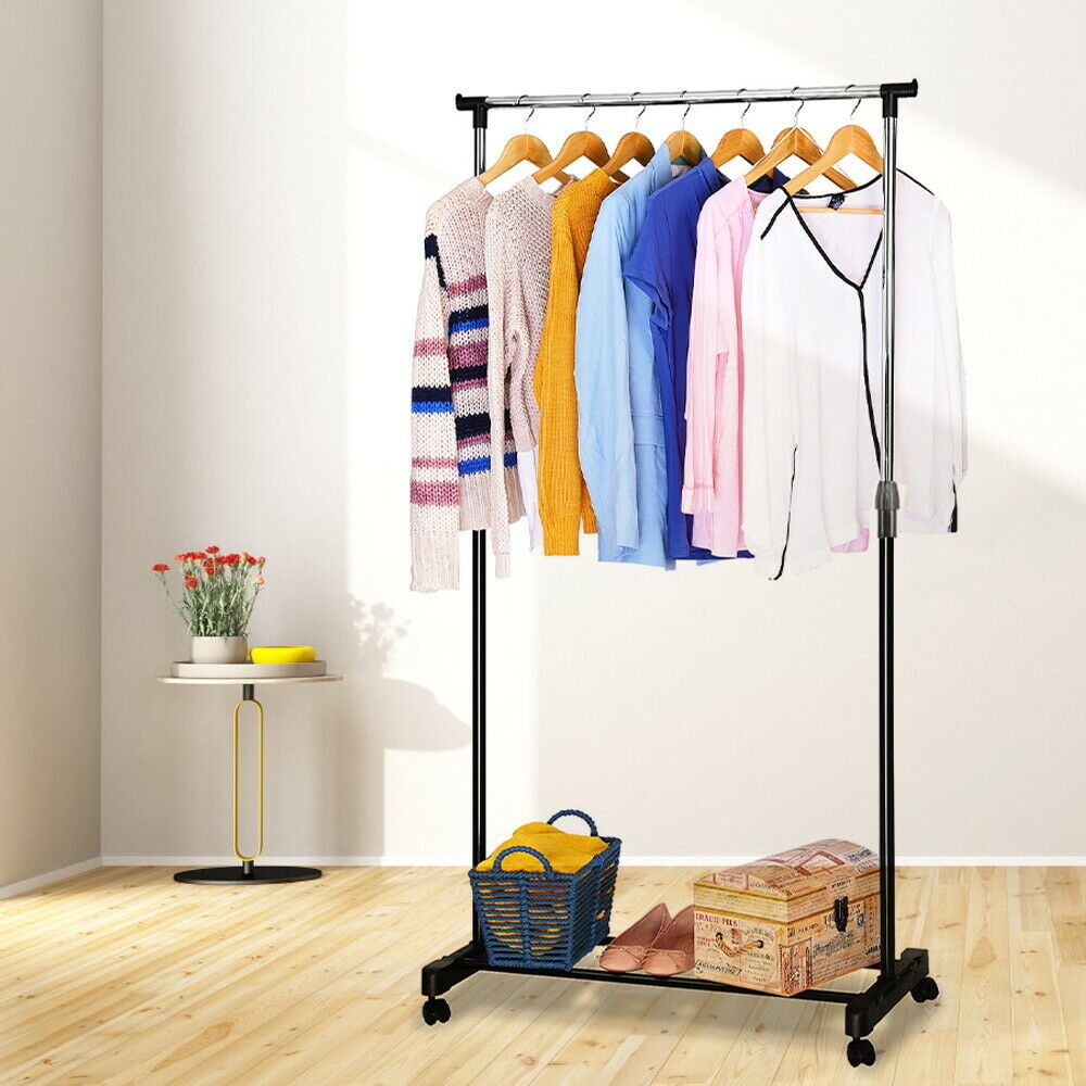 Clothes Rack Adjustable Garment Rail Rolling Coathanger Stand Dryer With Wheel