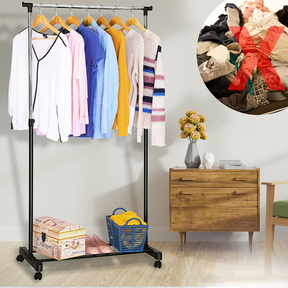 Clothes Rack Adjustable Garment Rail Rolling Coathanger Stand Dryer With Wheel