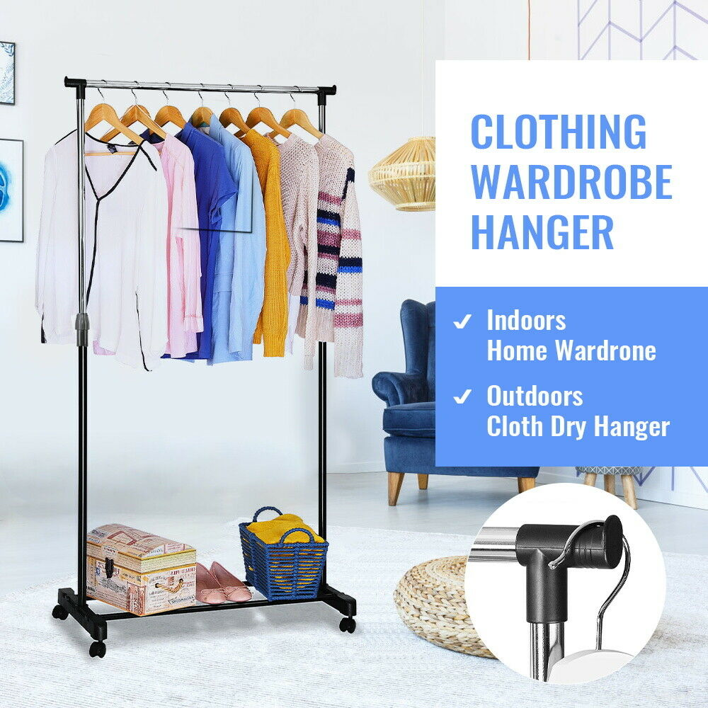 Clothes Rack Adjustable Garment Rail Rolling Coathanger Stand Dryer With Wheel