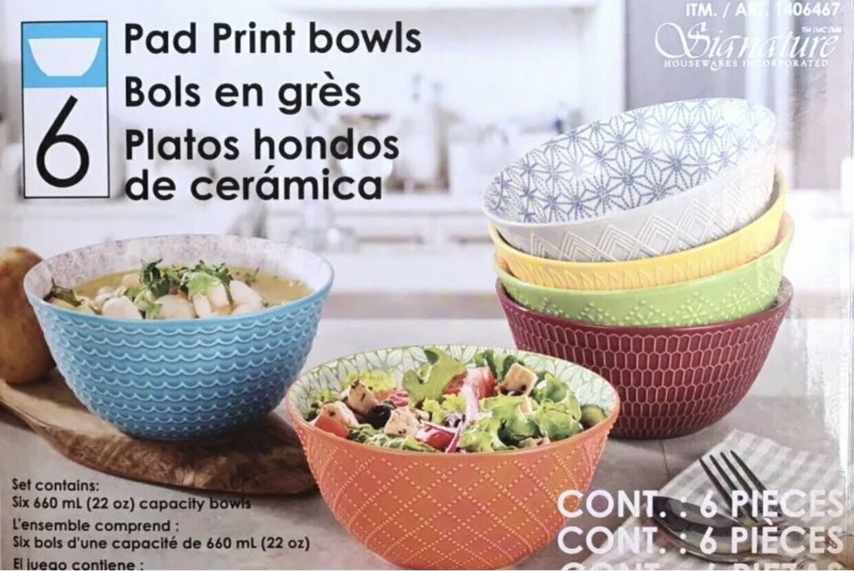 New Housewares Signature 6 Piece Pad Print 6” Bowls Set 660 ml Serving Bowl