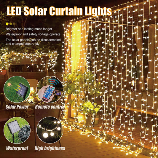 3x3m 300 LED Solar Power Curtain Lights Fairy String Outdoor Xmas Party Garden