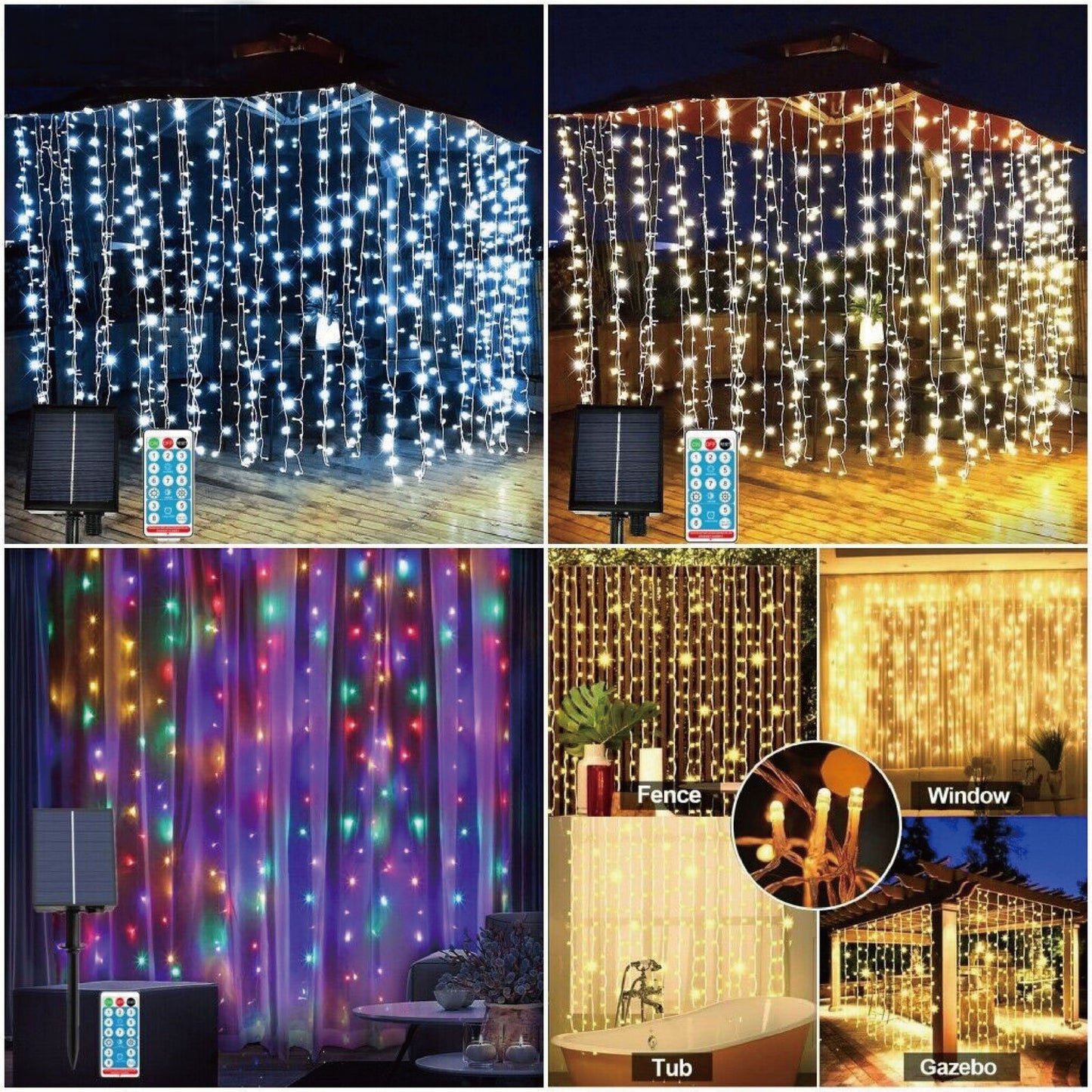 3x3m 300 LED Solar Power Curtain Lights Fairy String Outdoor Xmas Party Garden