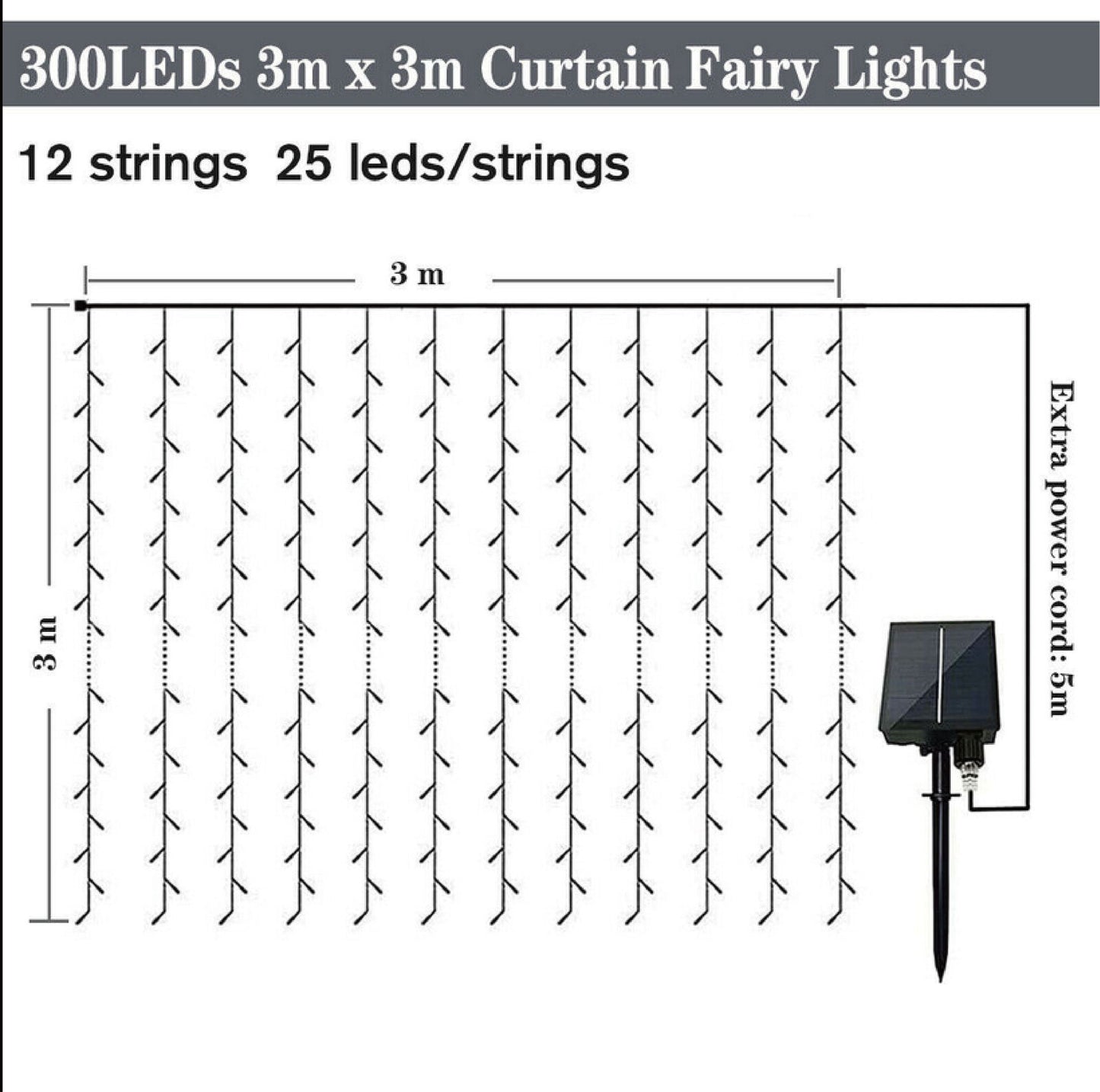 3x3m 300 LED Solar Power Curtain Lights Fairy String Outdoor Xmas Party Garden