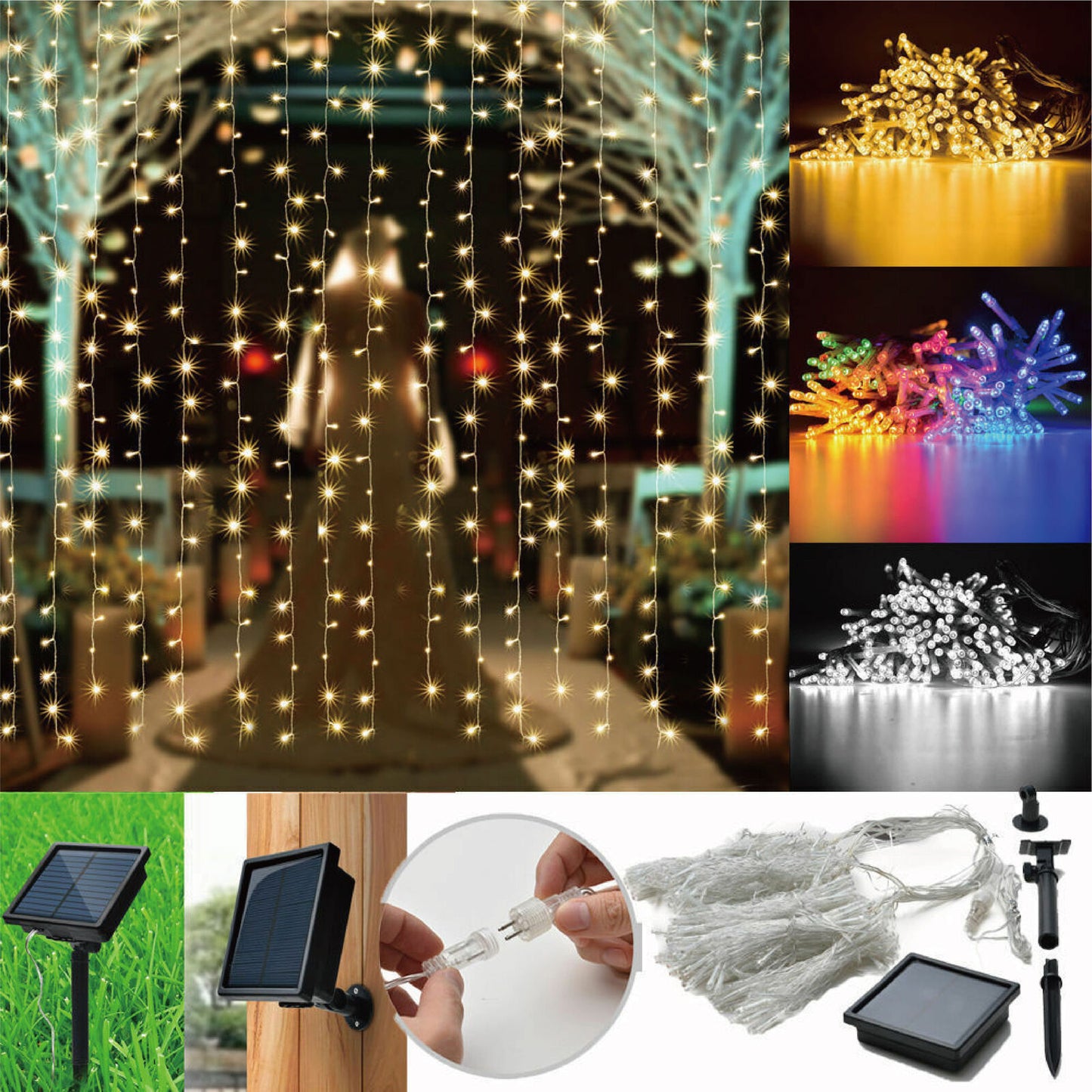 3x3m 300 LED Solar Power Curtain Lights Fairy String Outdoor Xmas Party Garden