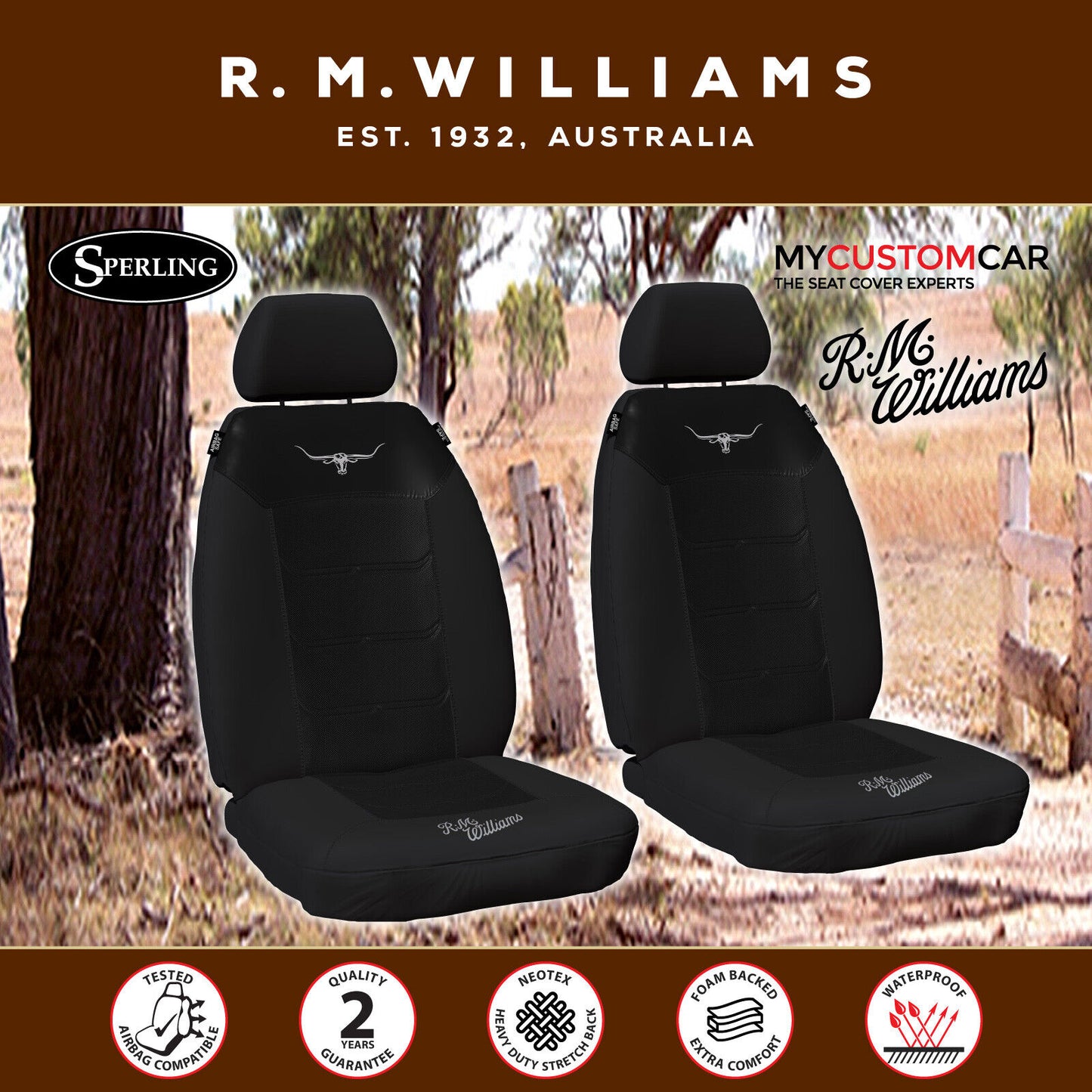 R.M.Williams RMW Longhorns Black Mesh Front Car Seat Covers Universal Fit