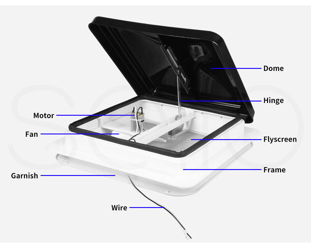 Manan Caravan Roof Vent 12V Fan RV Shower Hatch 355x355mm Flyscreen Motor