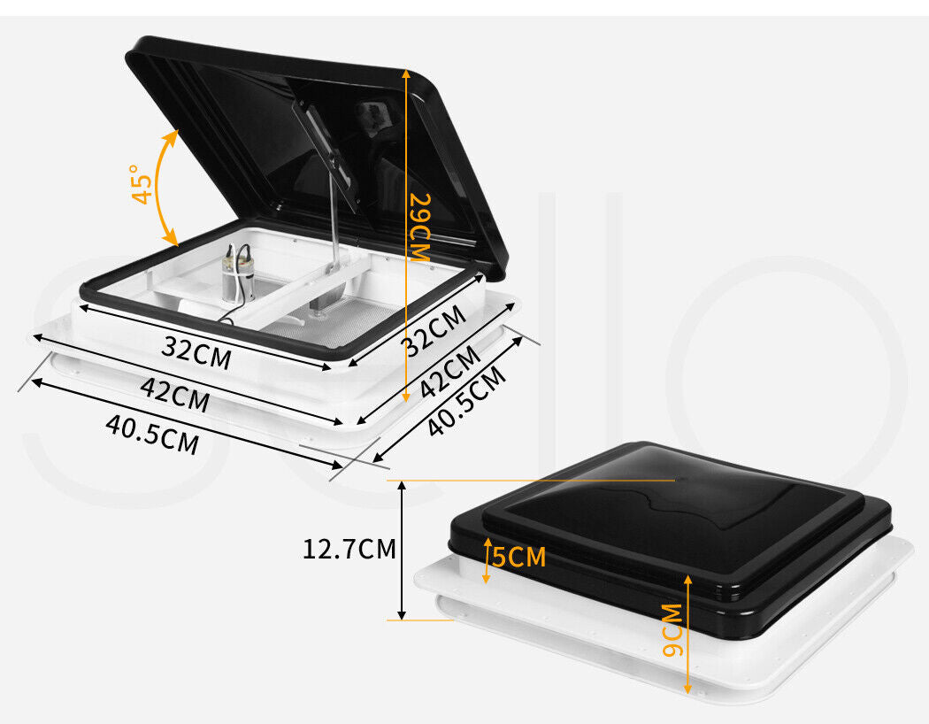 Manan Caravan Roof Vent 12V Fan RV Shower Hatch 355x355mm Flyscreen Motor