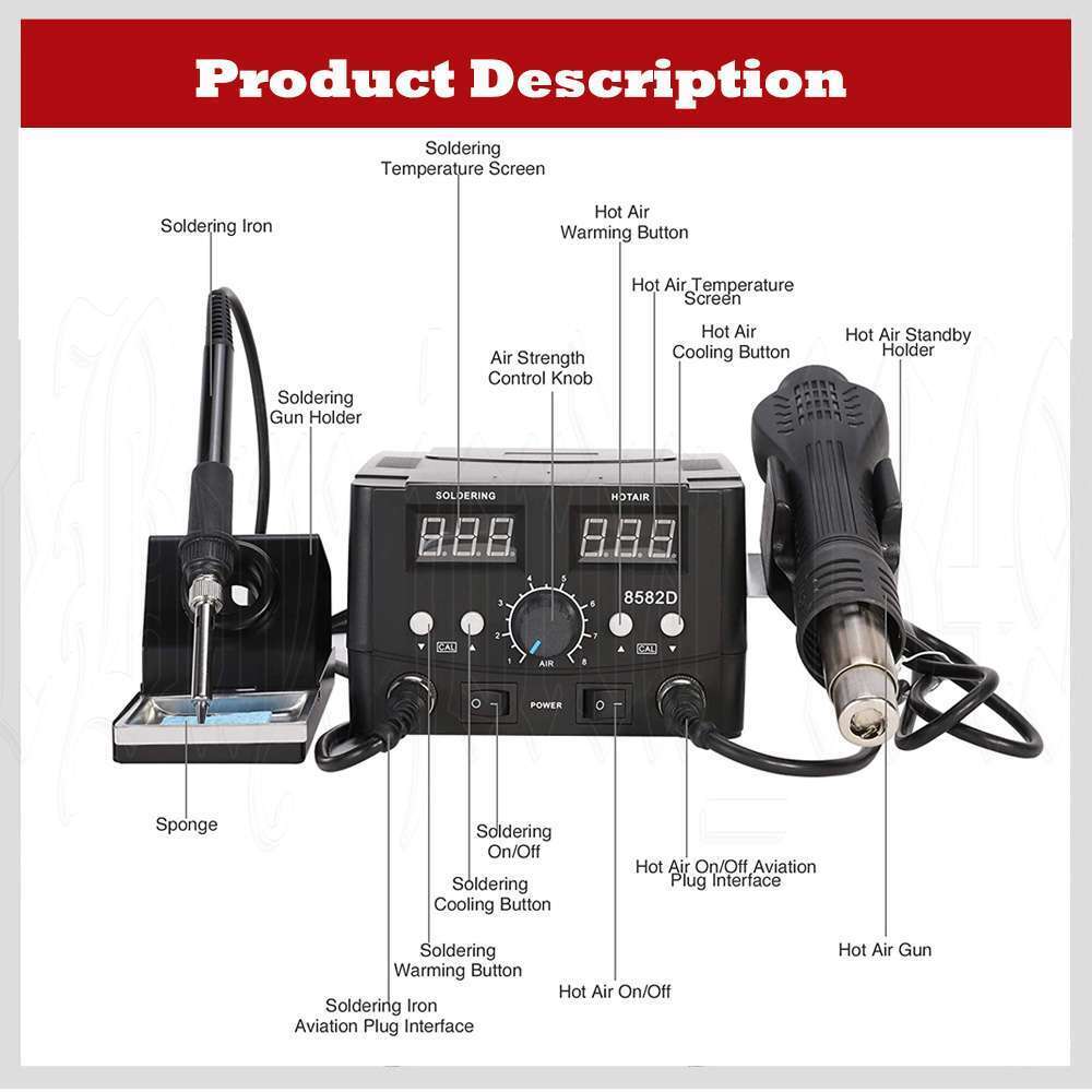 2 in1 Soldering Station Iron Solder Rework Hot Air Gun LCD Digital Desoldering