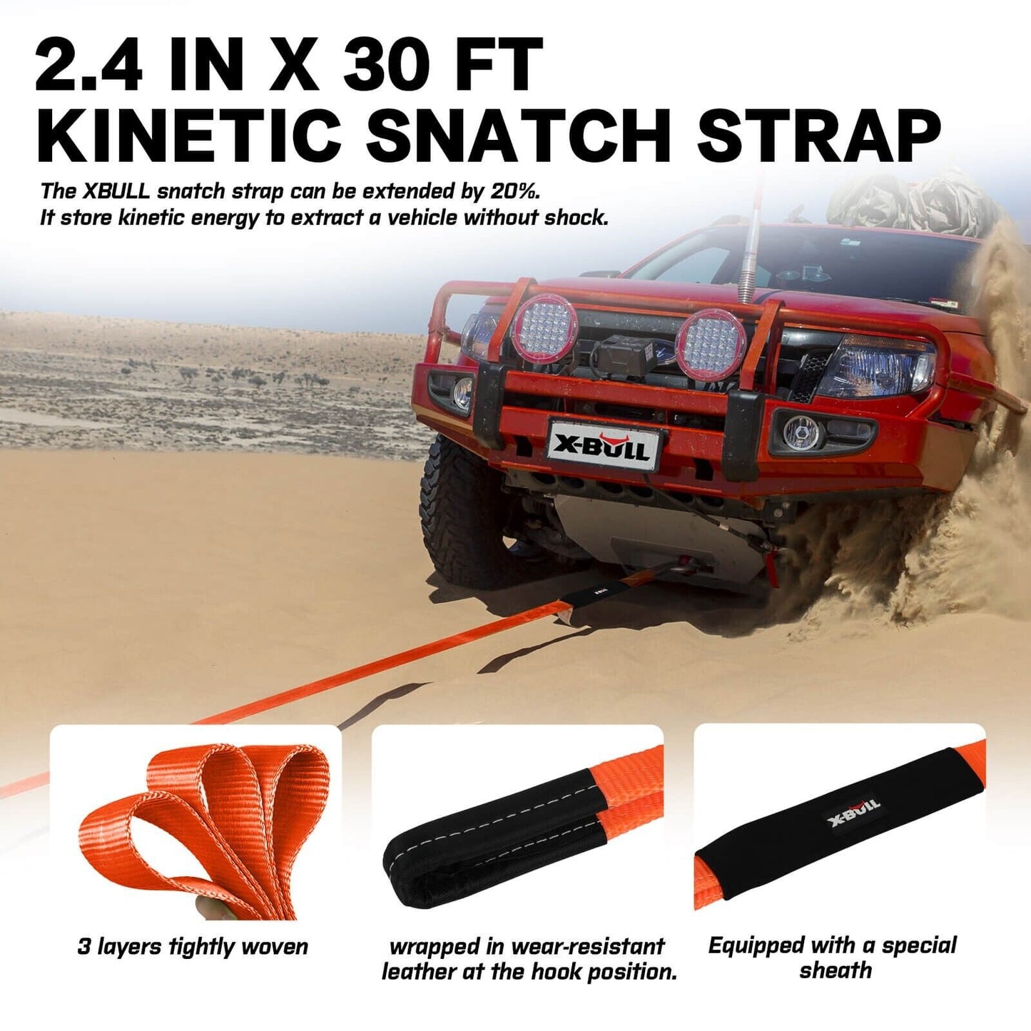 X-BULL 4WD Winch Recovery Kit Tow Snatch Strap Soft Shackles Offroad Adventure