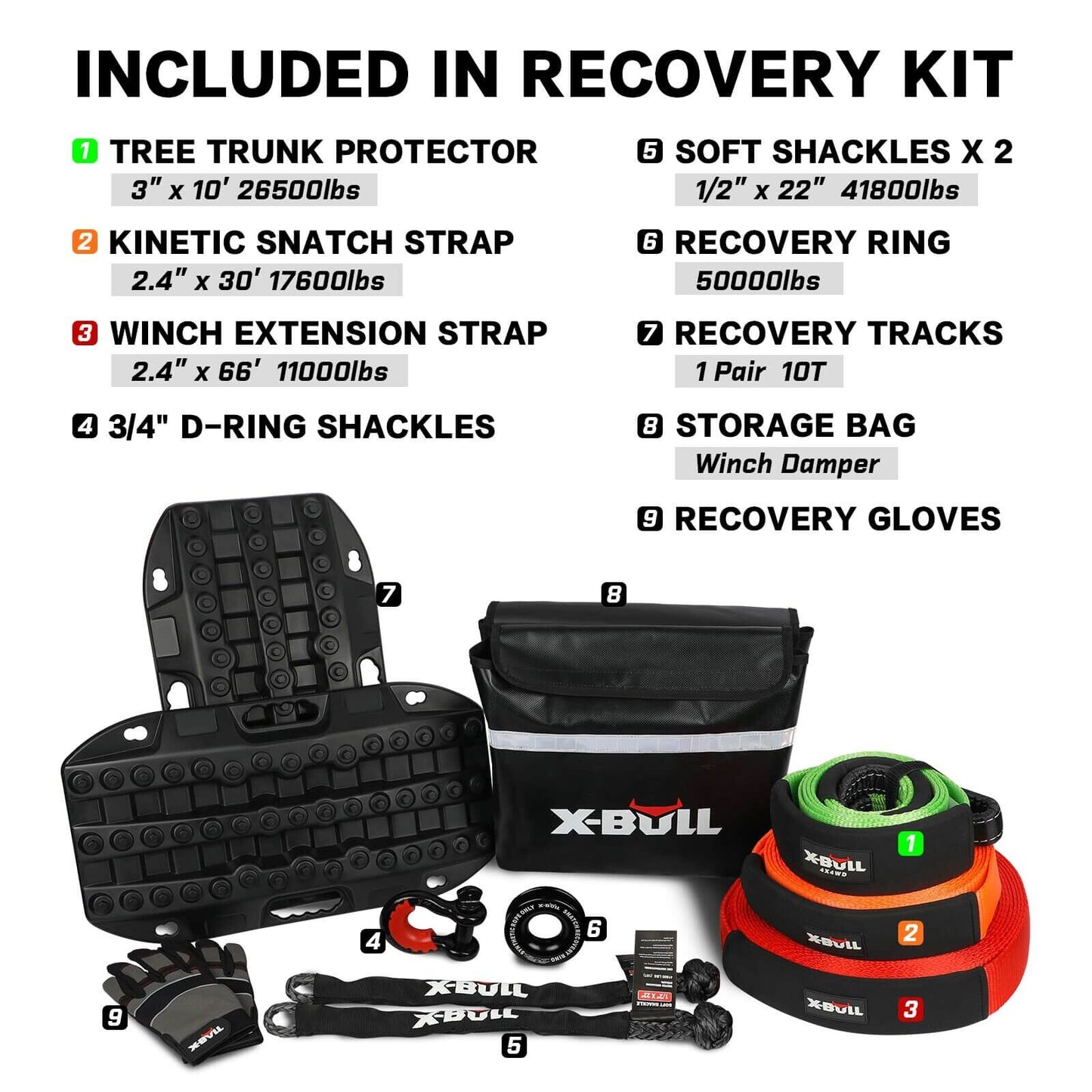 X-BULL 4WD Winch Recovery Kit Tow Snatch Strap Soft Shackles Offroad Adventure