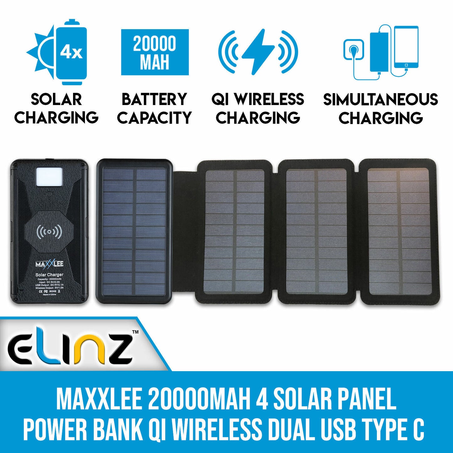 Maxxlee 20000mAh 4 Solar Power Bank Qi Wireless Battery Charger Dual USB Type C