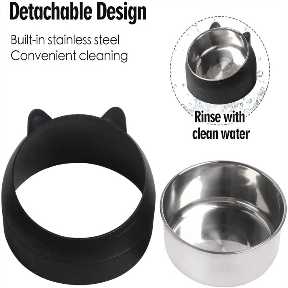 200ml Pet Cat Dog Bowl Stainless Steel Tilted Water Food Feeder No Slip Raised