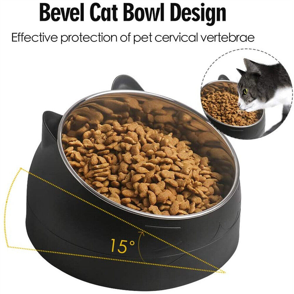 200ml Pet Cat Dog Bowl Stainless Steel Tilted Water Food Feeder No Slip Raised