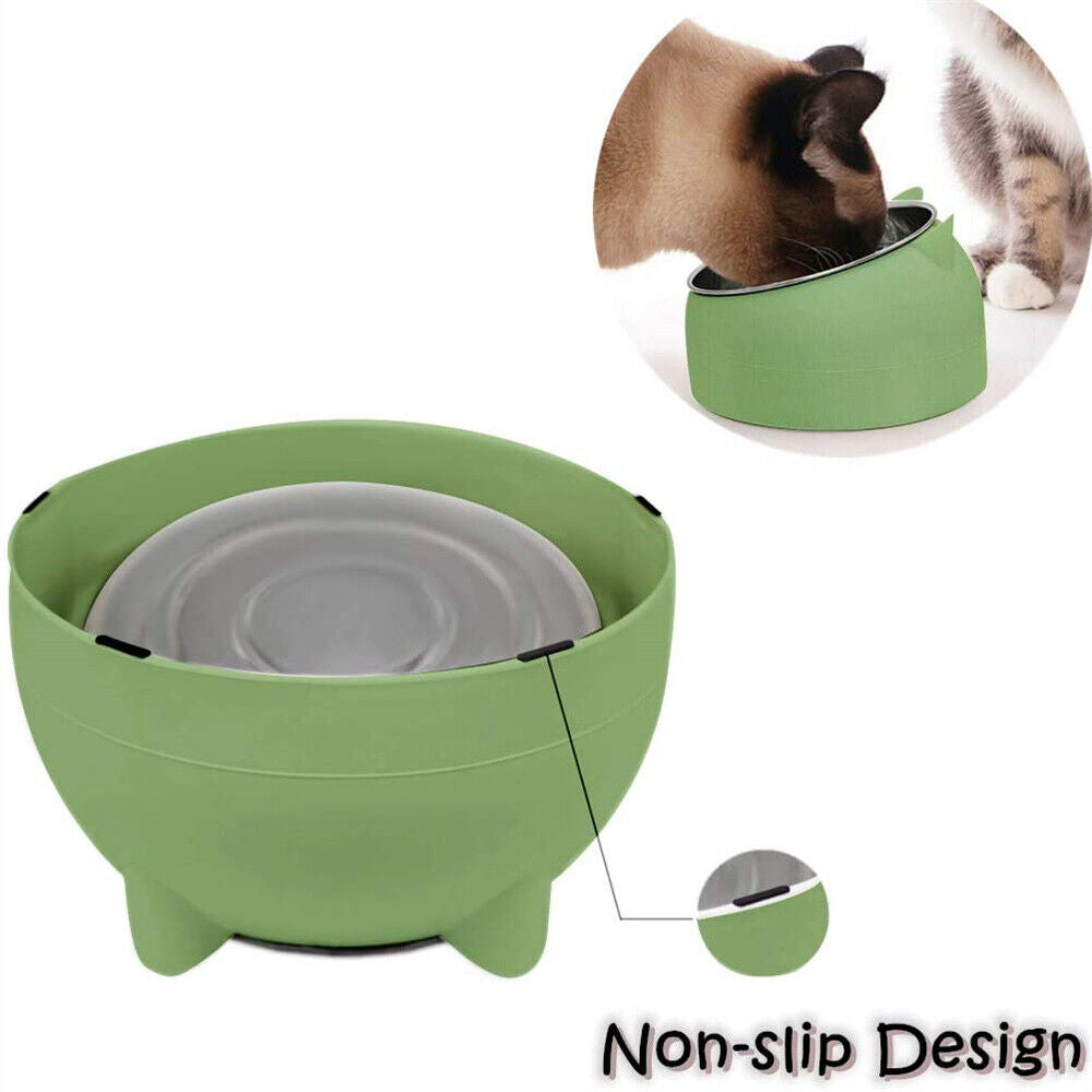 200ml Pet Cat Dog Bowl Stainless Steel Tilted Water Food Feeder No Slip Raised