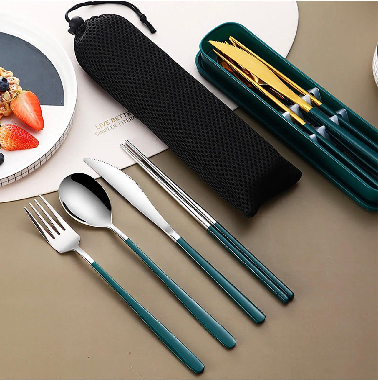 6pcs/set Cutlery Set Stainless Steel Spoon Fork Knife Chopsticks Travel Box Bag