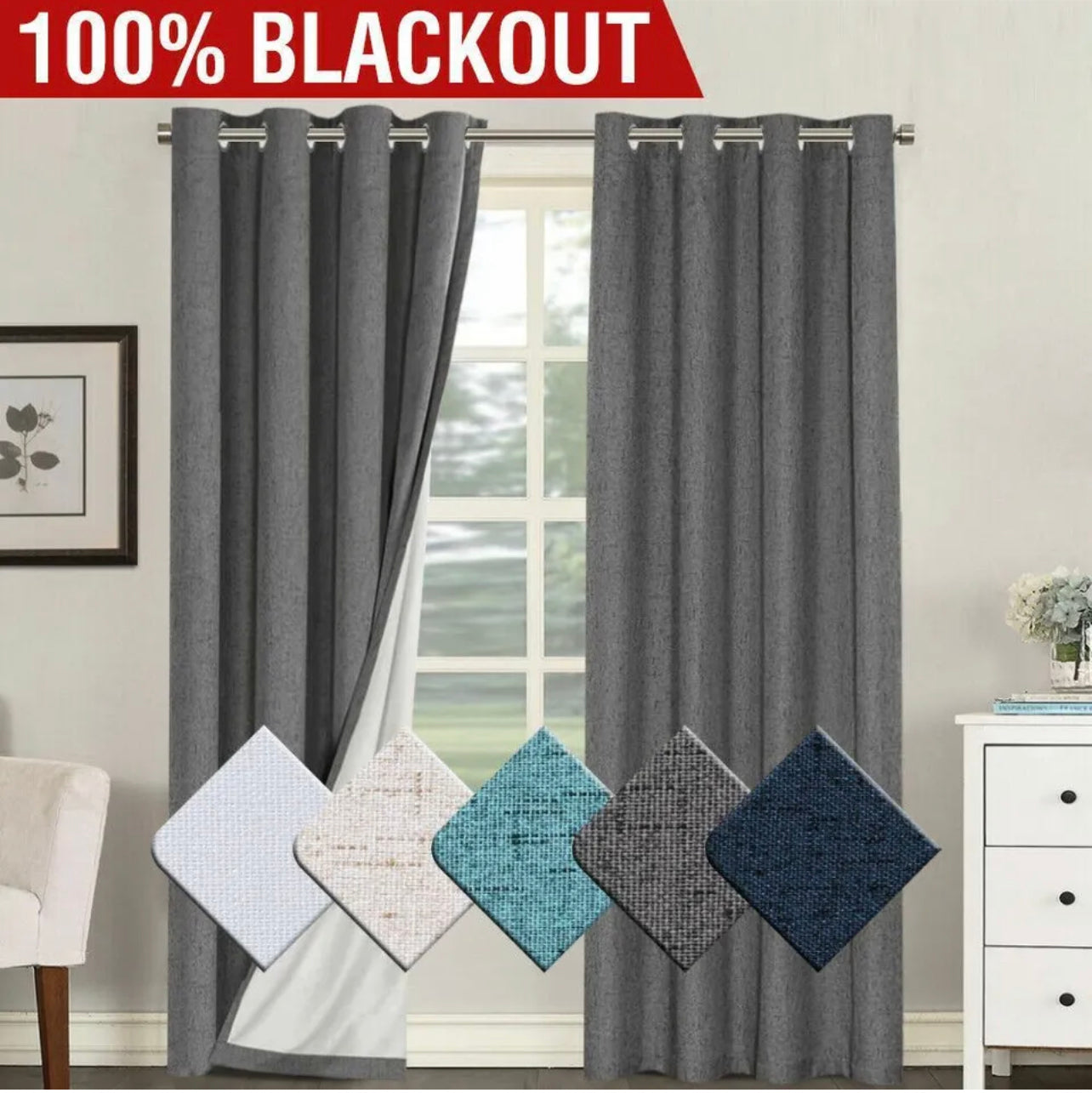 2x 100% Blackout Curtains Pair Rich Linen Textured Curtain Draperies for Bedroom