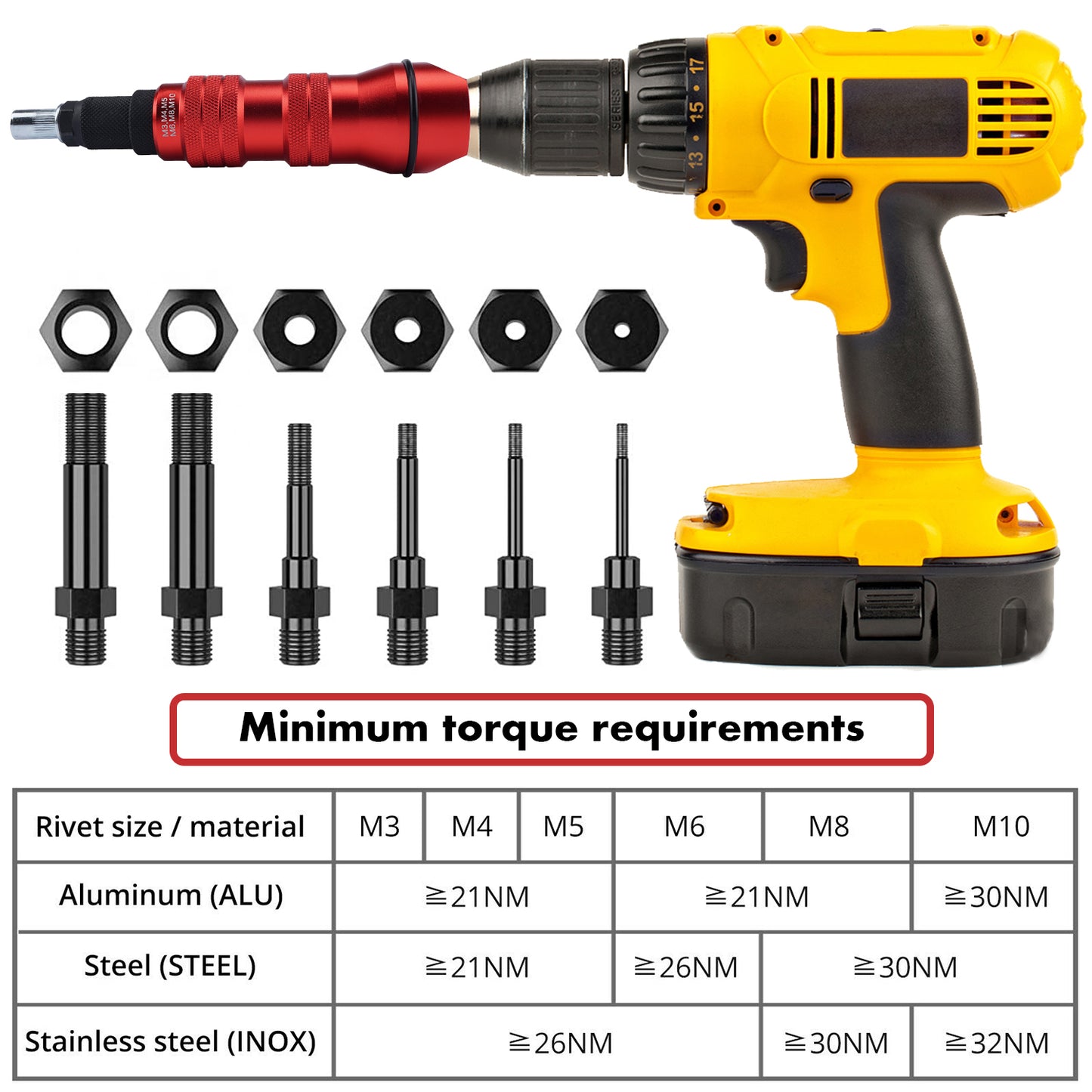 Electric Cordless Riveting Tool Rivet Nut Gun Drill Adapter Attachment M3-10 Kit