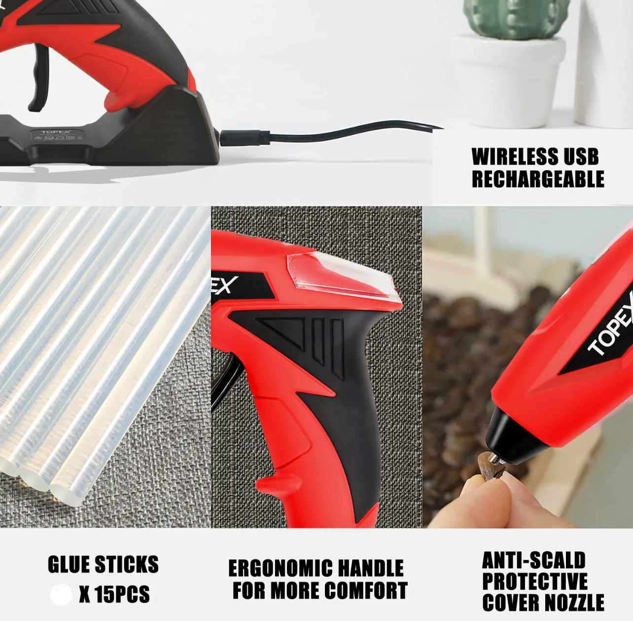 TOPEX 4V Cordless Hot Melt Glue Gun w/ 15Pcs Premium Glue Sticks Lithium Power