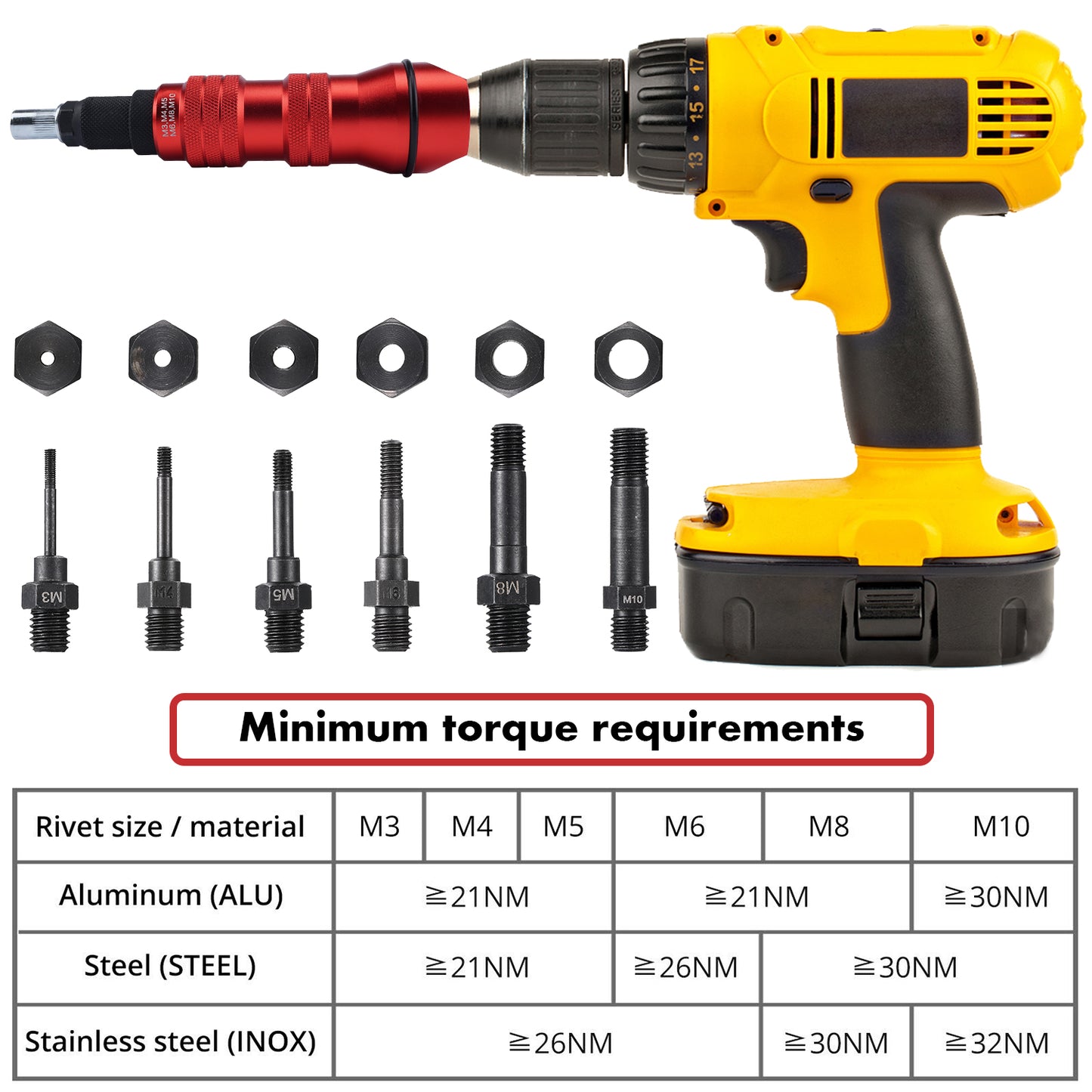 Electric Cordless Riveting Tool Rivet Nut Gun Drill Adapter Attachment M3-10 Kit