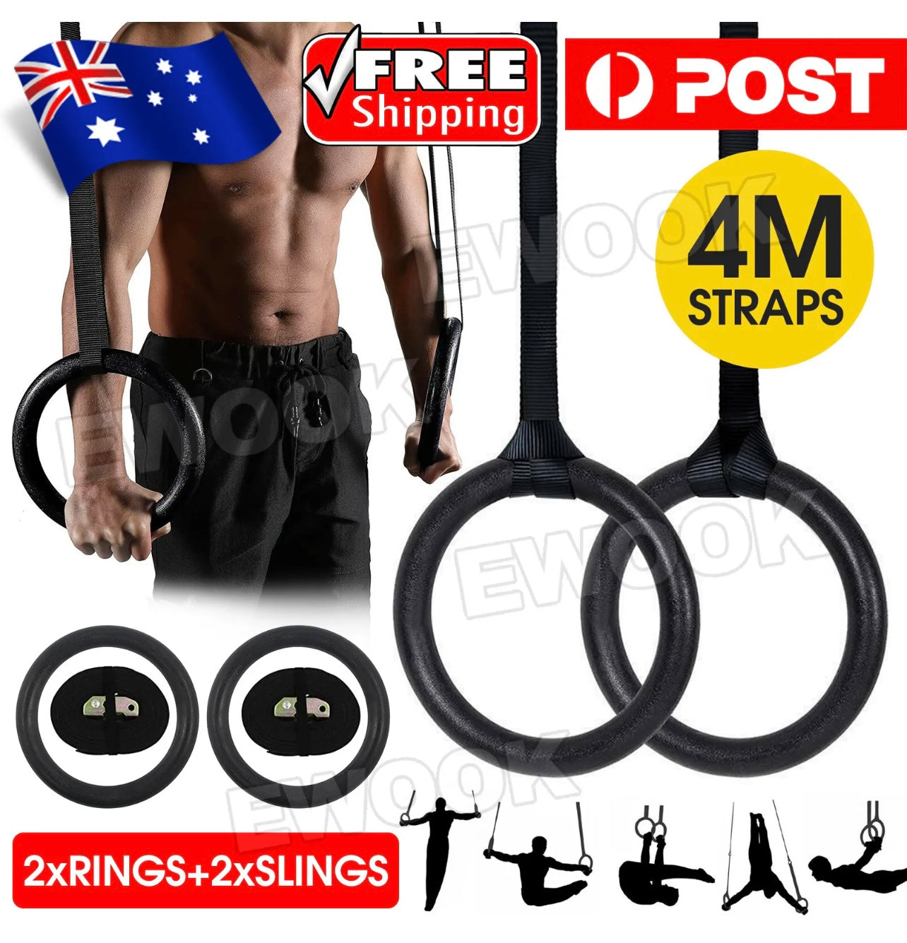 Gymnastic Rings Pair Gym Hoop Crossfit Exercise Fitness Home Ab Workout Dip New