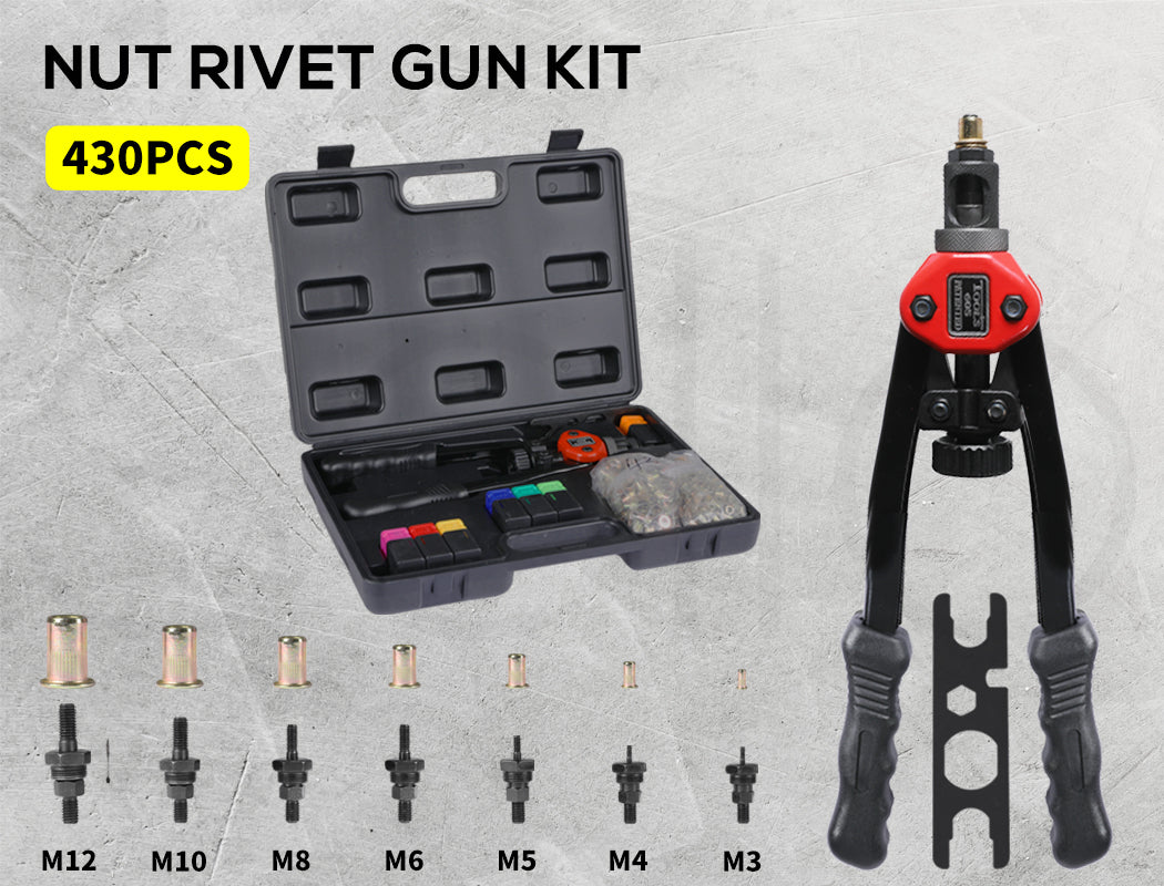 Nut Rivet Riveter Rivnut Nutsert Gun Tools 5 Mandrels Kit Thread M3-M12 430PCS