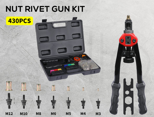 Nut Rivet Riveter Rivnut Nutsert Gun Tools 5 Mandrels Kit Thread M3-M12 430PCS