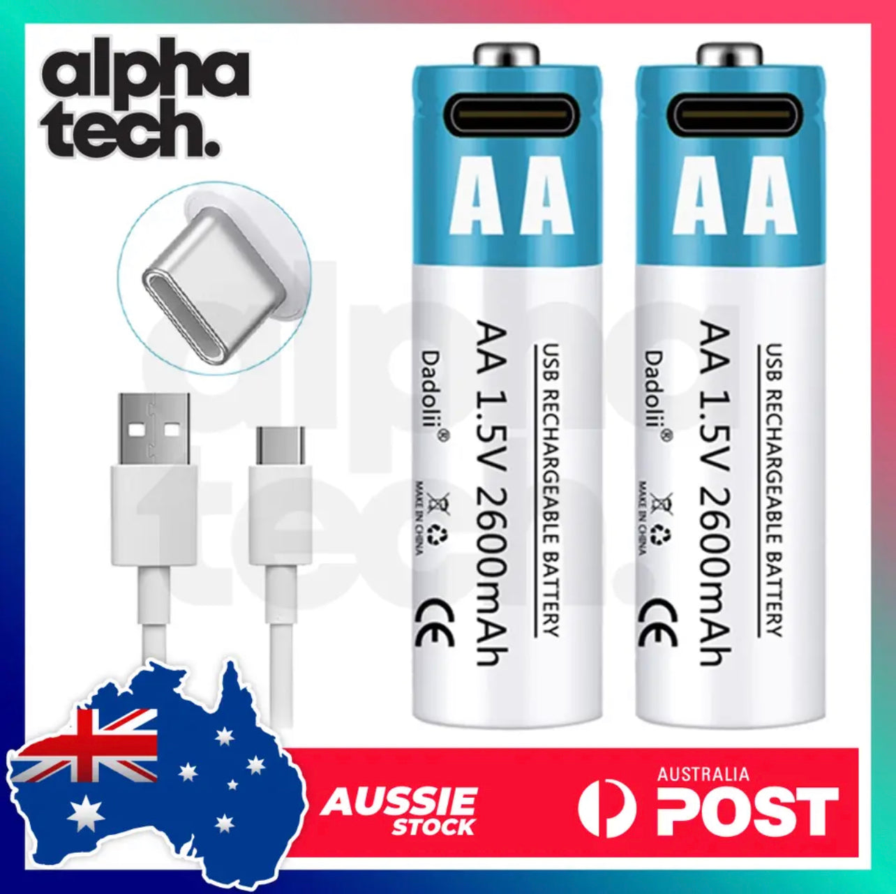 USB-C Rechargeable AA Batteries 1.5V 2600mAh Li-ion with USB Type-C Cable AUS