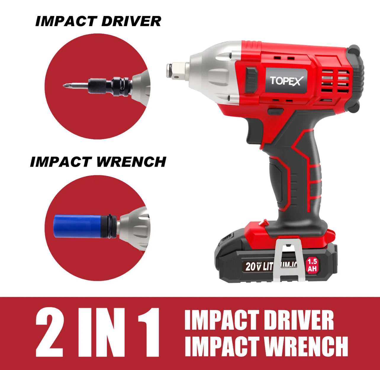 TOPEX 2IN1 20V Cordless Impact Wrench Driver 1/2” 1500mAh Li Battery W/ Sockets