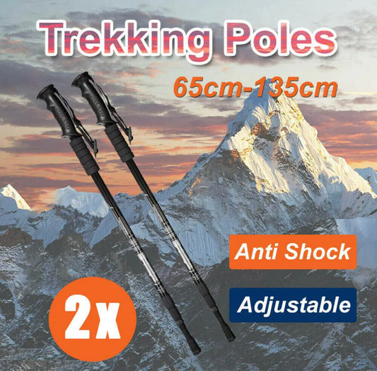 2x New Hiking Trekking Poles Walking Stick Adjustable Camping Black Lightweight