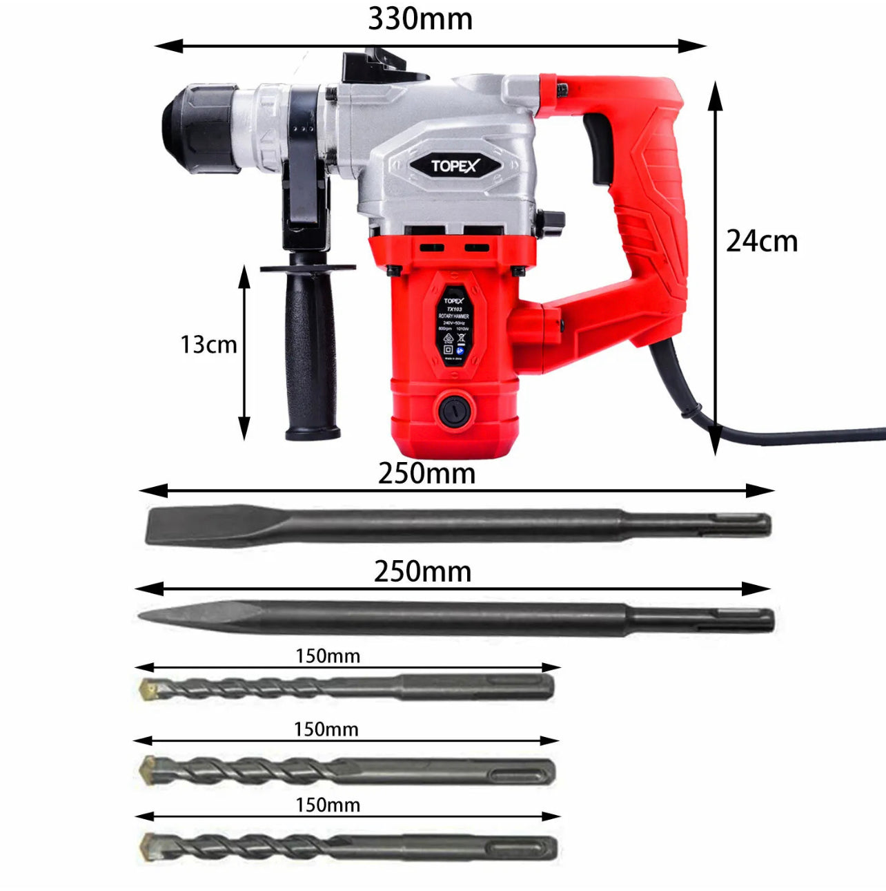 Topex 1010W SDS+ Rotary Hammer Drill Demolition Jack Hammer Kit w/ Chisels Drill