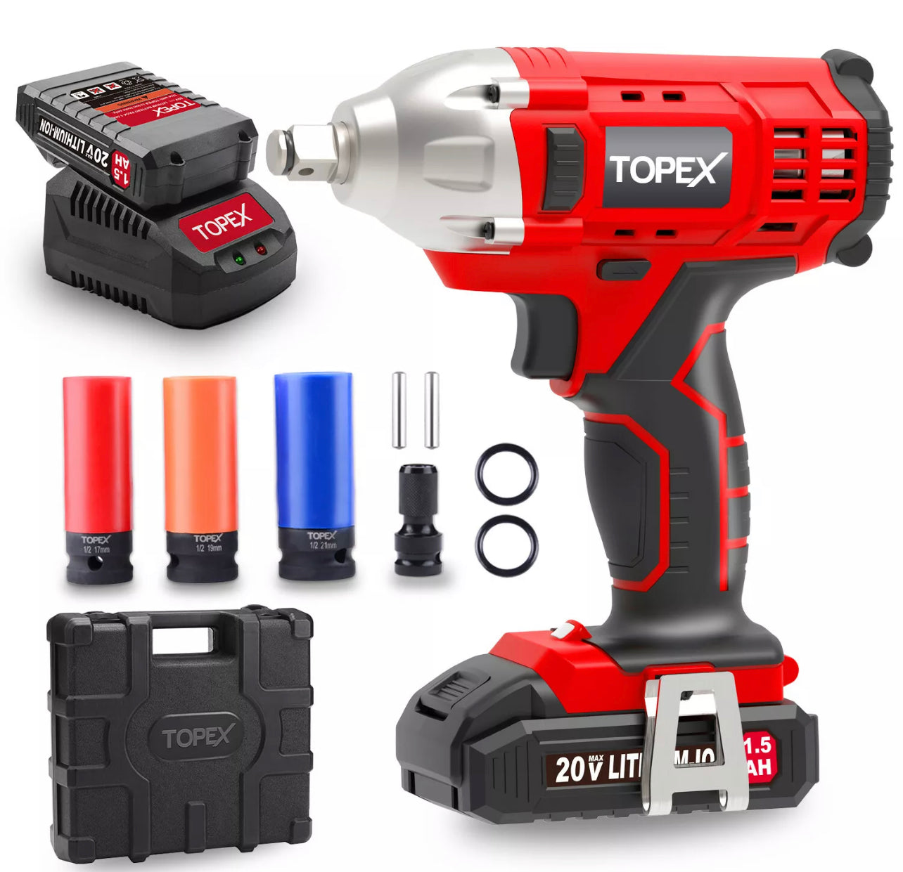 TOPEX 2IN1 20V Cordless Impact Wrench Driver 1/2” 1500mAh Li Battery W/ Sockets