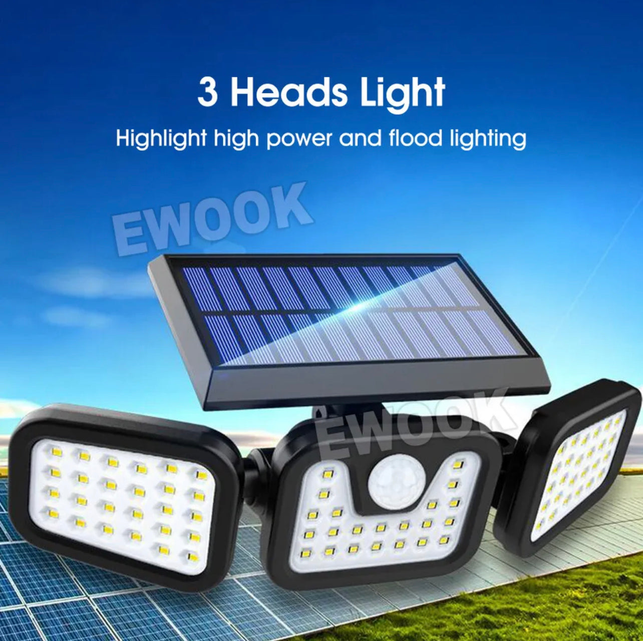 3 Head Solar Motion Sensor Light Outdoor Garden Wall Security Flood Lamp 74LEDs