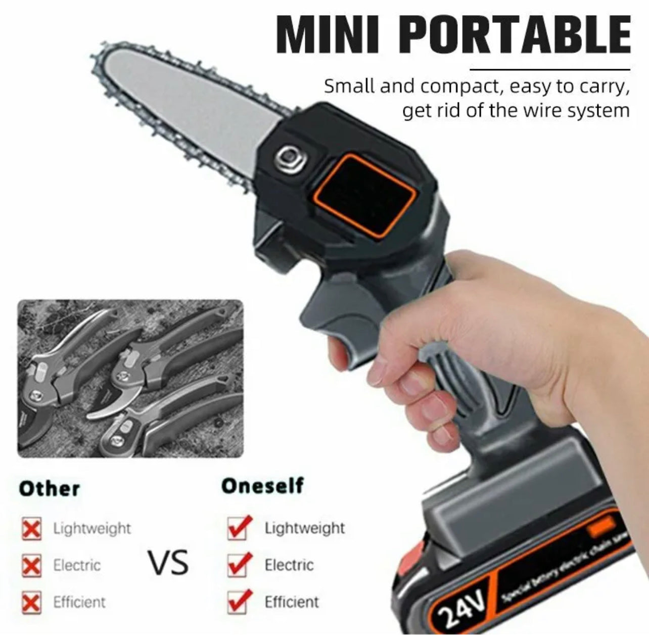 4” Mini Cordless Electric Chainsaw Wood Cutter Saw Rechargeable Battery Powered