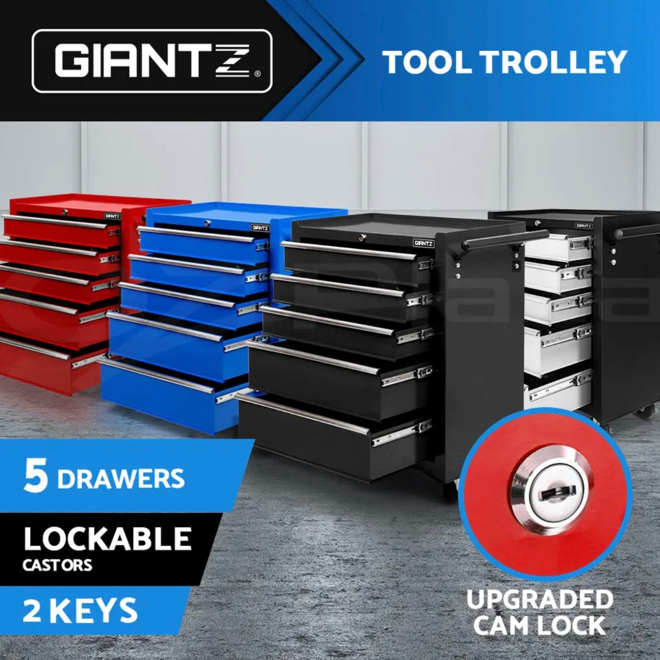 Giantz 5 Drawer Tool Box Cabinet Trolley Chest Garage Storage Organiser Toolbox