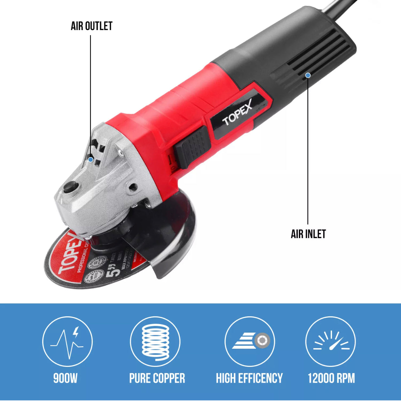 Heavy Duty Topex 900W 125mm 5” Angle Grinder with Side Handle Protection Switch