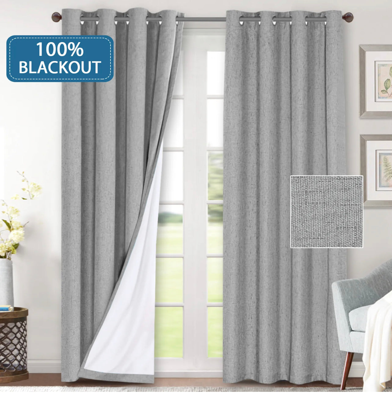 2x 100% Blackout Curtains Pair Rich Linen Textured Curtain Draperies for Bedroom