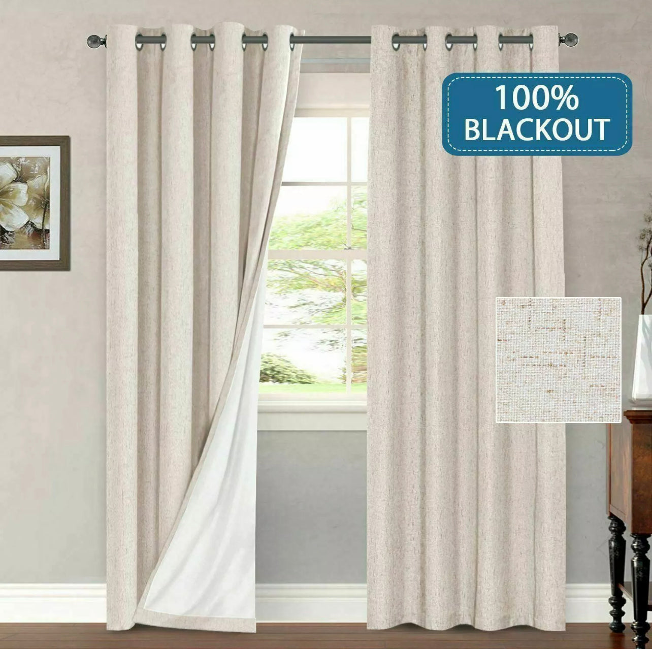 2x 100% Blackout Curtains Pair Rich Linen Textured Curtain Draperies for Bedroom